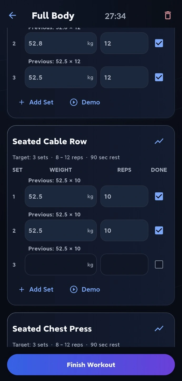 N2Mode Active Workout with completed and editable working sets