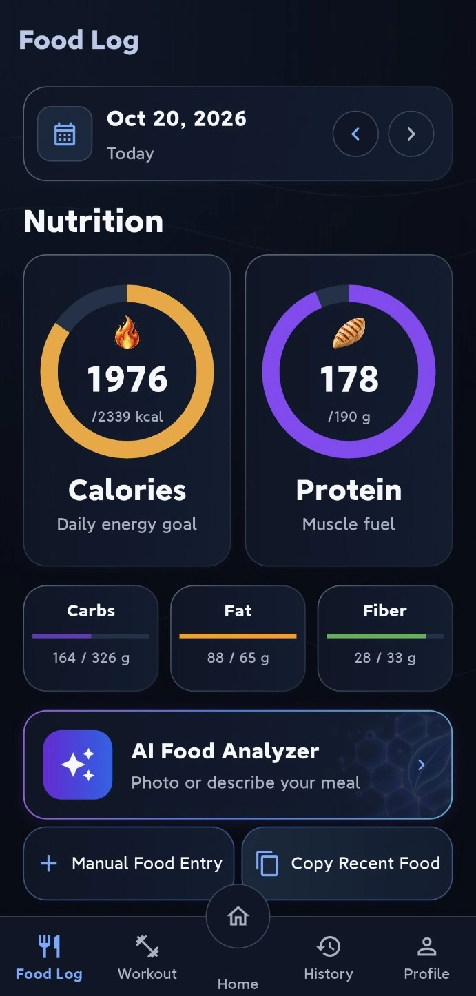 N2Mode Food Log showing calories, protein, carbs, fat and fiber