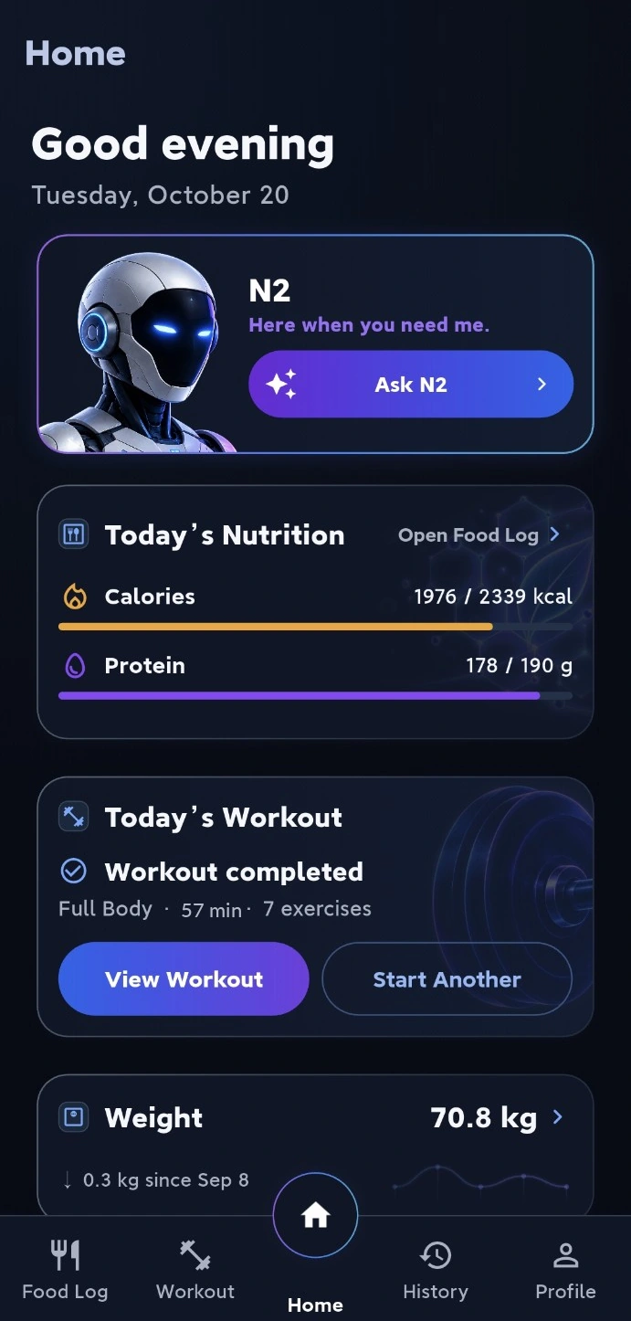 N2Mode Home showing N2, today's nutrition, a completed workout and weight progress